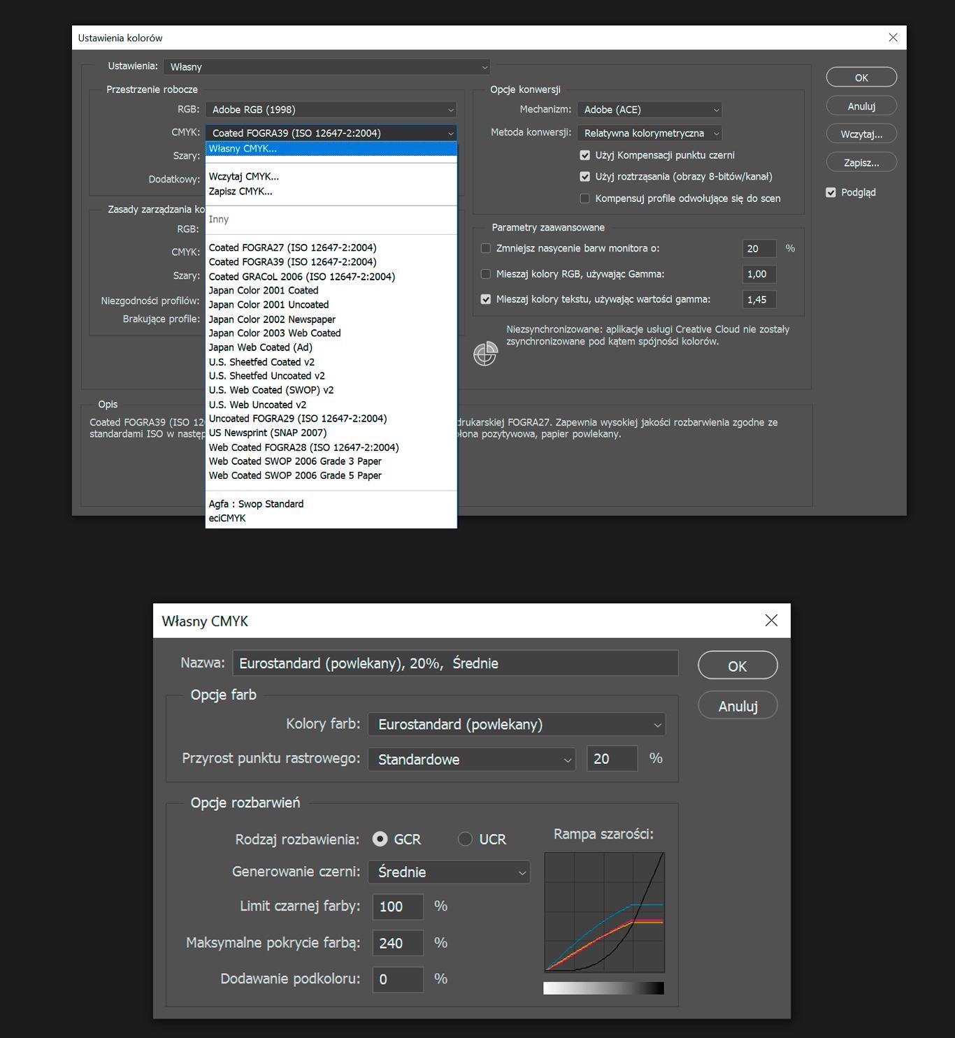 Własny CMYK w Photoshopie – ustawienie limitu Total Ink 240%